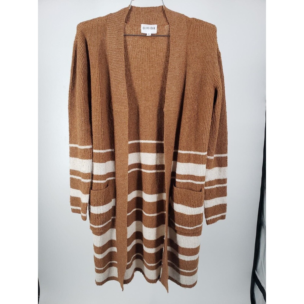 Olive + Oak Long Knit Cardigan Striped Duster‎ Oversized Open Front Size: XS